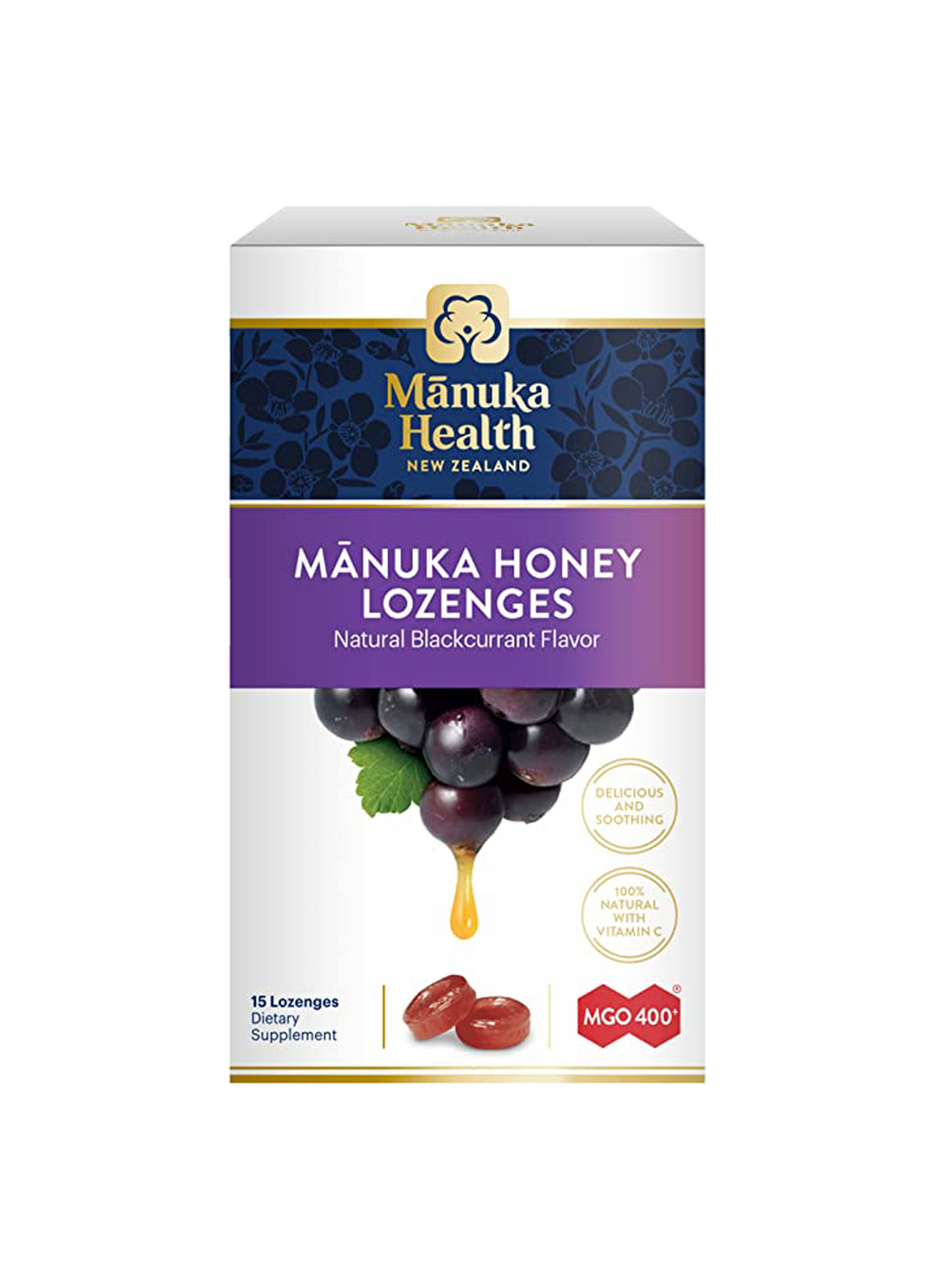 Manuka Health Manuka Honey Lozenges Natural Blackcurrant Flavor 15 Lozenges