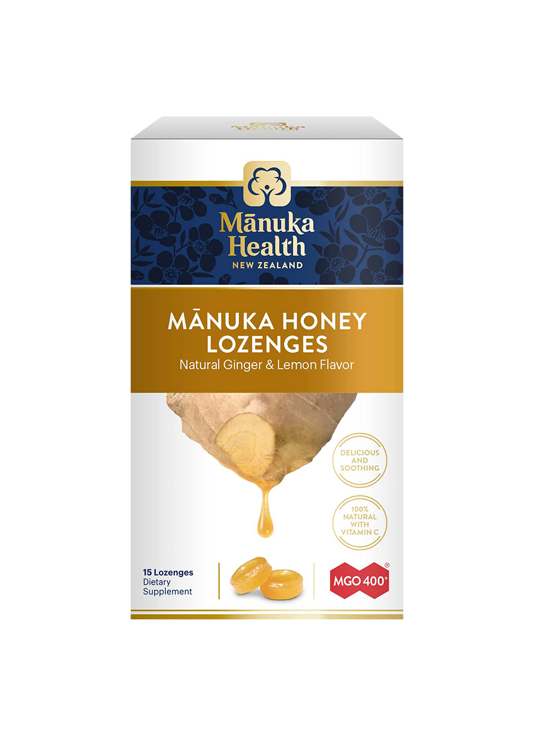 Manuka Health Manuka Honey Lozenges Natural Ginger & Lemon Flavor 15 Lozenges