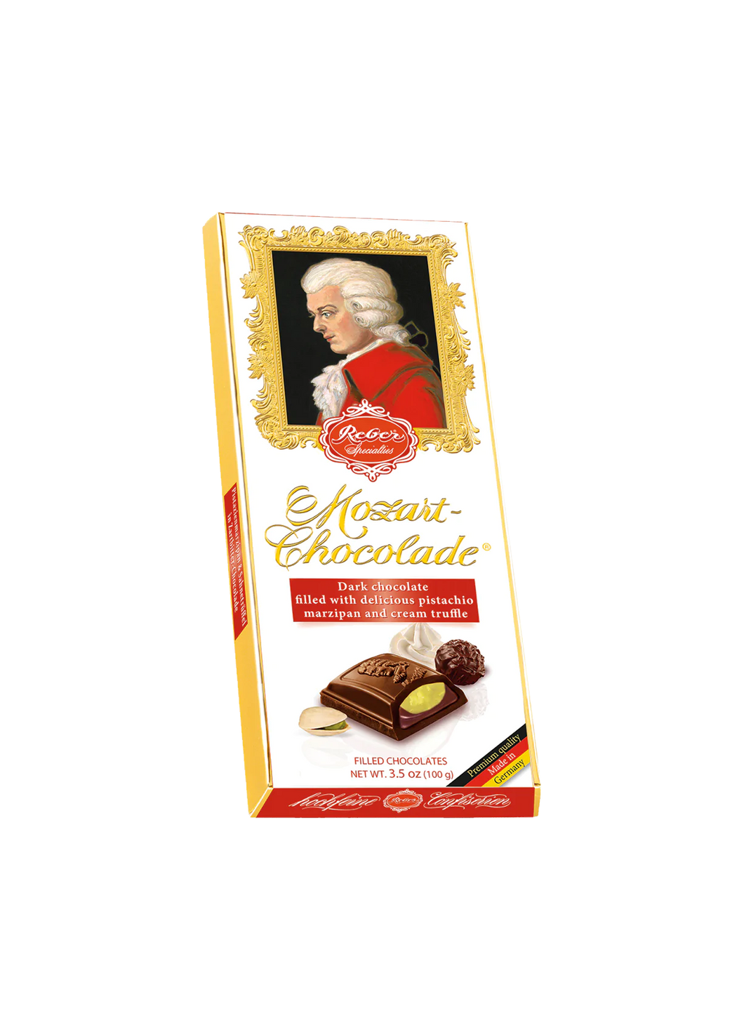 Reber Mozart Dark Chocolate Filled with Delicious Pistachio Marzipan and Cream Truffle 100g