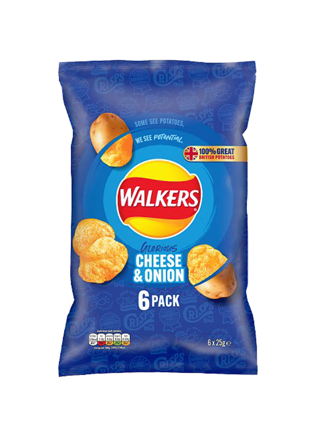 Walkers Cheese & Onion 6 Pack Crisps Chips 6 x 25g